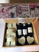 Load image into Gallery viewer, Luxury natural skincare Gift Box. Full of natural goodness, soaps, blended oils and two heart shaped soaps.